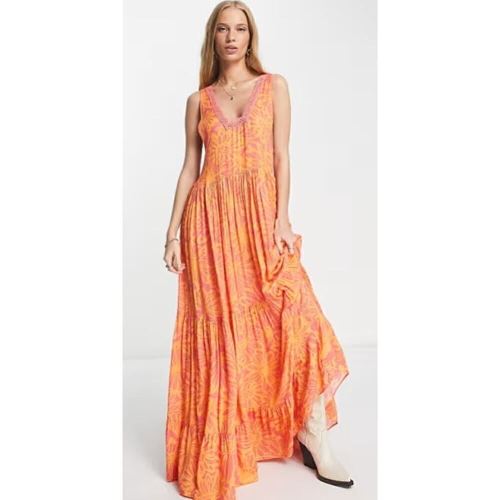 Free People Orange & Pink Sunburst Tiered Maxi Dress